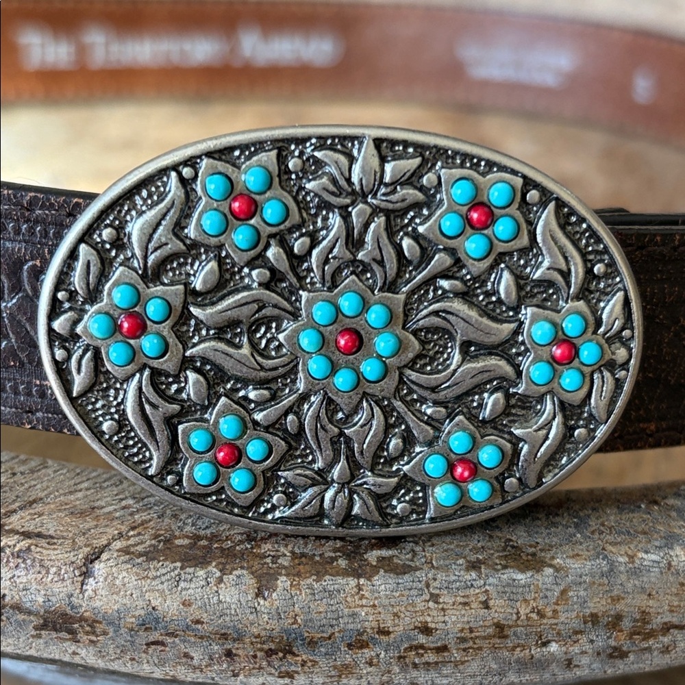 The Territory Ahead Brown Embossed Leather Buckle Turquoise Coral Color Beads
